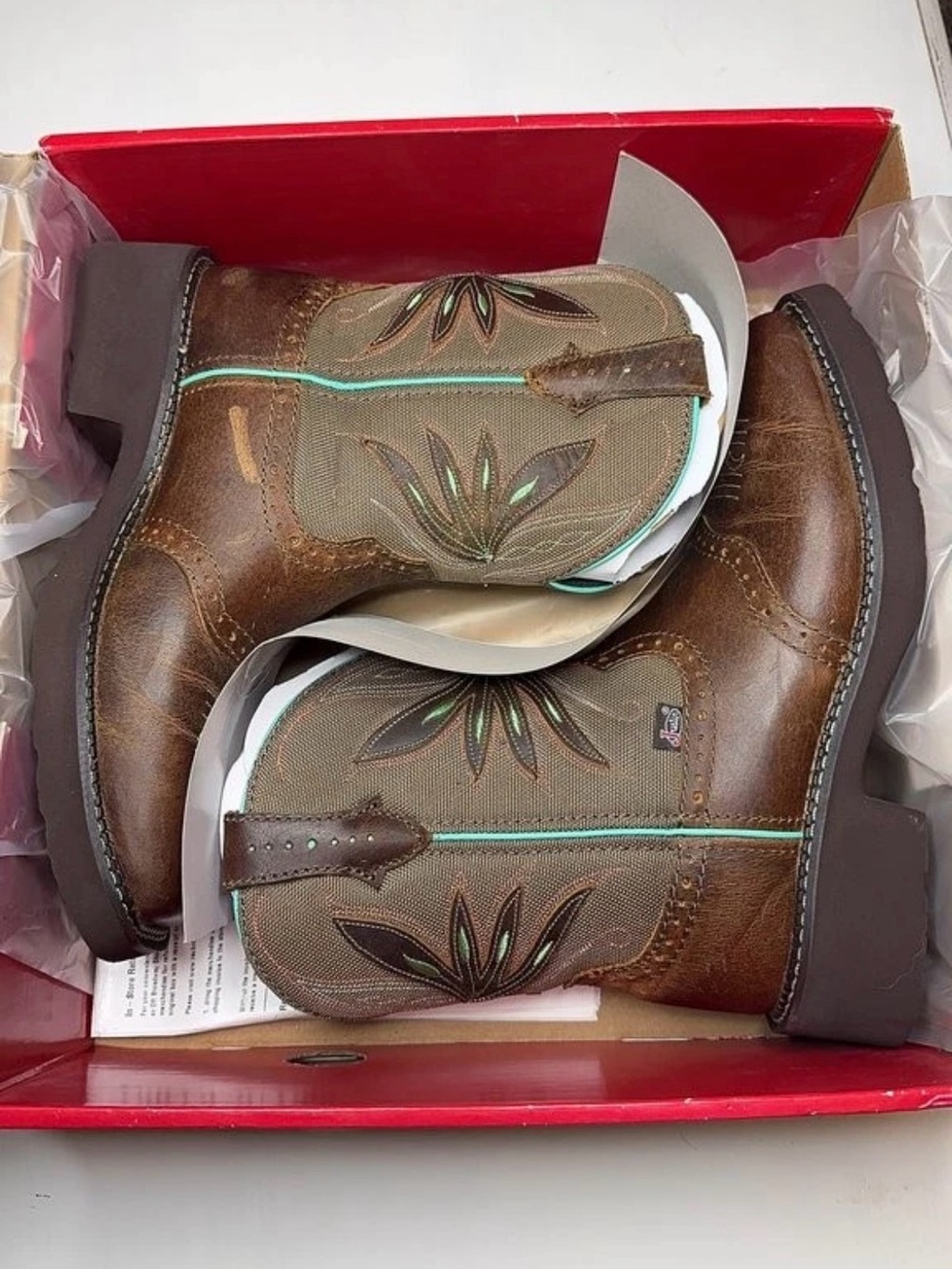 Justin Boots Brown & Olive Western Ankle Booties with Teal Trim